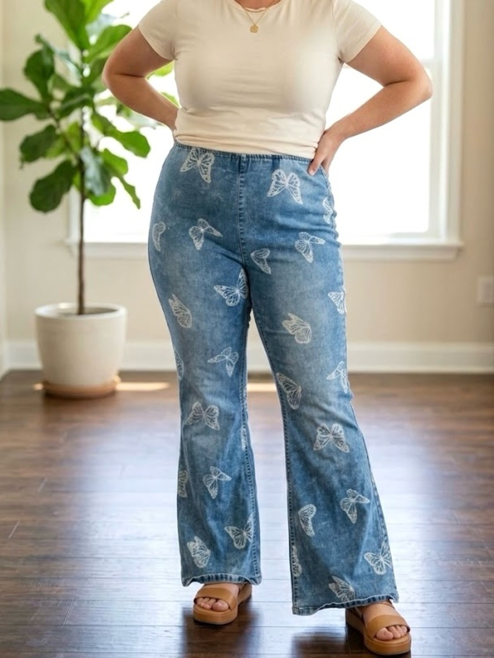 No Boundaries Butterfly Print Bell Bottoms Flare Jeans Retro Hippie Boho Y2K 70s